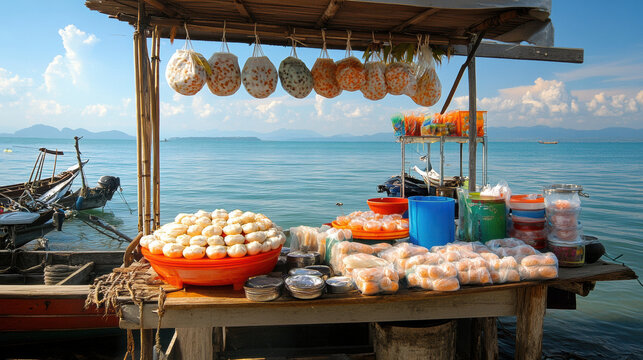 Freshly prepared Thai steamed dumplings are displayed at vibrant vendor stall by serene waters, showcasing variety of colorful snacks. picturesque setting enhances appeal of these delicious treats