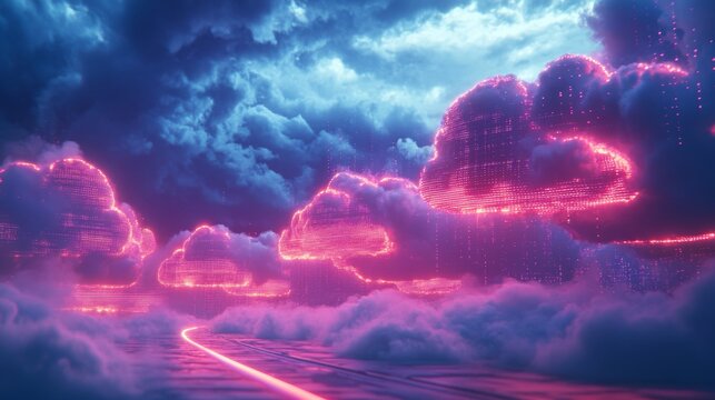 A digital skyline made of data streams and neon-lit cloud servers, visualizing cloud computing infrastructure in a futuristic ethereal space