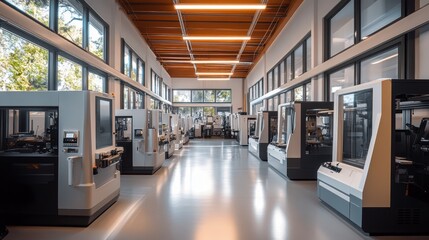 Fototapeta premium A futuristic workshop featuring rows of CNC milling machines, bright ambient light, sleek surfaces, and a focus on eco-conscious, high-tech production