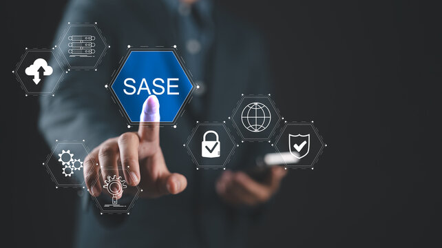 SASE, Secure Access Service Edge concept, security framework that integrates software-defined wide area networking (SD-WAN). Person touching SASE icons on virtual screen.