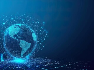 Explore Global Connectivity: Stunning Digital Globe Poster with Interconnected Lines on Dark Blue Background – Perfect for Tech Spaces and Modern Sports Interiors!