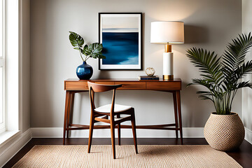 An elegant interior setup with a wooden chair, console table, and chic decor. The room exudes warmth and style, blending natural materials with contemporary design elements, ai