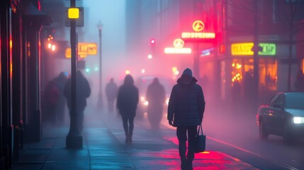 A foggy urban street scene with pedestrians and glowing neon lights.
