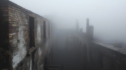 Fototapeta premium A foggy view of an abandoned building, showcasing its eerie atmosphere and decay.