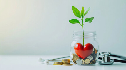 green plant sprouting from jar of coins symbolizes growth and financial health, evoking sense of hope and prosperity
