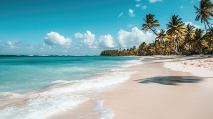 Fototapeta premium A pristine beach with soft white sand, calm turquoise waves, and palm trees swaying in the breeze under a clear sunny sky, creating a tropical paradise