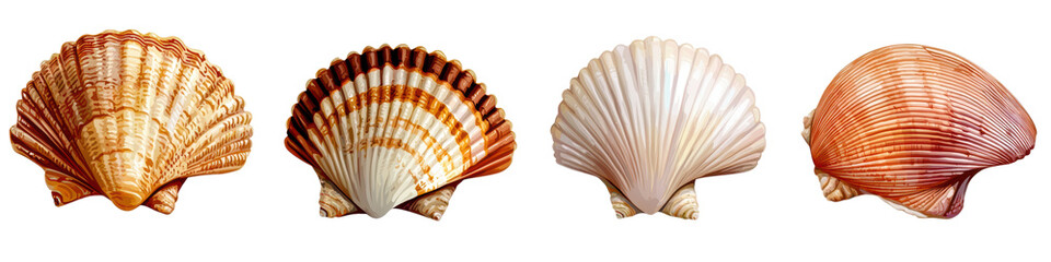 Obraz premium Four colorful seashells on a white isolated background., transparent background