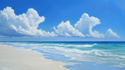 A serene white sand beach with gentle waves, a peaceful shoreline, and soft clouds drifting across a bright blue sky in a realistic tropical setting