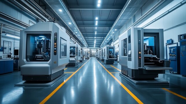 Ultra-modern CNC milling machines in a spotless, illuminated production hall, designed for innovation and efficiency in a friendly, bright setting