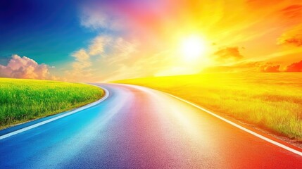 Open Road Leading to Vibrant Sunset in Mountainous Landscape