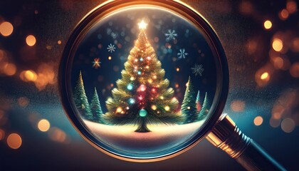Christmas tree glowing inside a magnifying glass with snowflakes.
