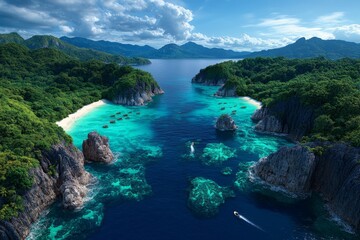 Obraz premium 3D-rendered view of Phuketâ€™s famous beaches, with realistic lighting, textures, and animated waves bringing the tropical paradise to life in a fully immersive digital world