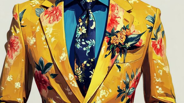 A close-up shot of a yellow floral suit jacket with a blue floral tie and a small bouquet of flowers in the pocket