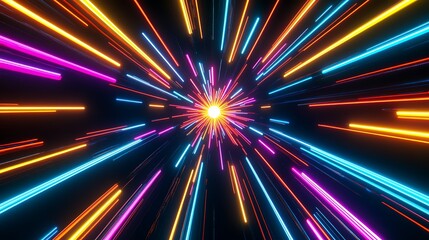Abstract glowing neon lines converging to a bright light in the center on a black background.