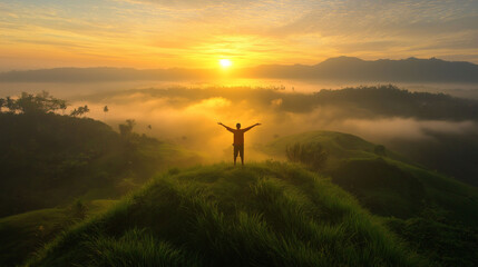 Fototapeta premium Happy Farmer Embracing the Day in a Lush Green Field