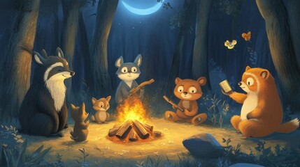 Animals gathered around a campfire in a moonlit forest