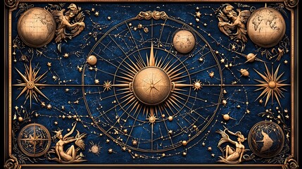 Obraz premium Celestial Map with Golden Compass and Stars on Blue Background