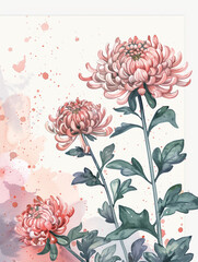 Ethereal watercolor depiction of pink chrysanthemum blossoms with verdant foliage, framed by an empty black border, set against a vibrant backdrop of red and purple splashes,