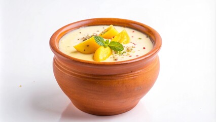 Creamy yellow dessert with orange fruit slices and mint leaves in a brown bowl on white background.