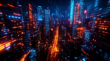 Fototapeta premium Futuristic cityscape with vibrant neon lights and motion blur