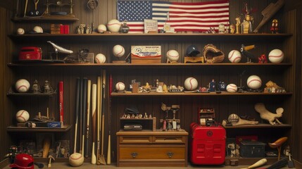 Baseball Memorabilia Collection on Wooden Shelves