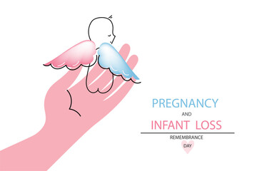 International day of Pregnancy and infant loss remembrance day line art poster. Unborn child with wings. Miscarriage and terminated pregnancy concept. Vector doodle hand drawn illustration.