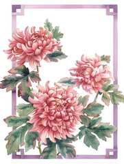Ethereal watercolor depiction of pink chrysanthemum blossoms with verdant foliage, framed by an empty black border, set against a vibrant backdrop of red and purple splashes,