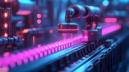 Robots using light sensors inspecting packaged food on a conveyor belt, futuristic factory, blue neon glow, digital illustration, high-tech precision and sleek design