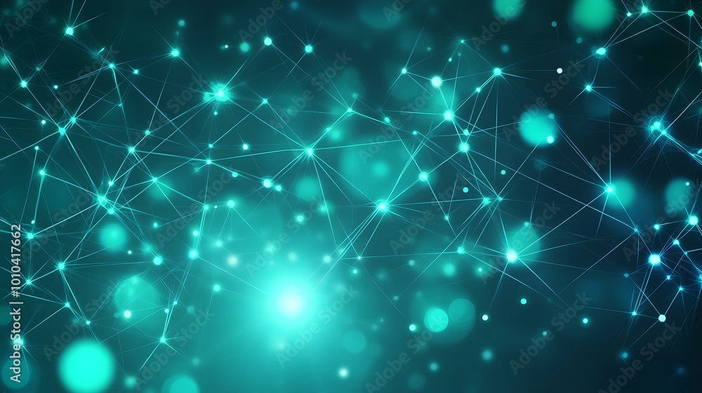 Poster Abstract background with a glowing blue and green network of lines and dots on a dark background.