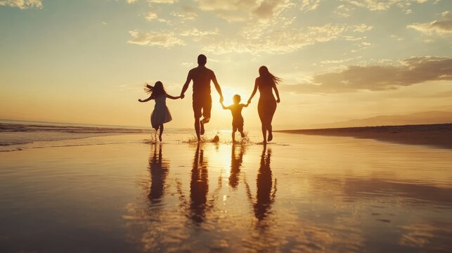 Silhouette of Family Enjoying Sunset Beach Stroll. Togetherness and Coastal Leisure Concept - Powered by Adobe