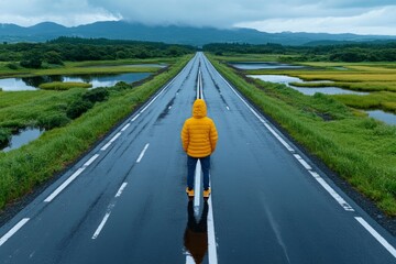 A person standing in the middle of a split highway, each road leading to drastically different landscapes, symbolizing the challenge of choosing the right path in lifeâ€™s uncertain future