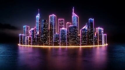 Obraz premium Futuristic Neon Cityscape with Glowing Towers and Reflective Water