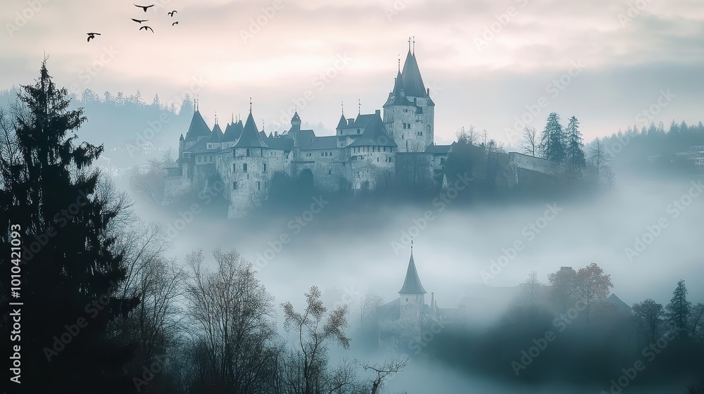 Poster a misty castle emerges from fog, creating a mysterious and enchanting atmosphere.