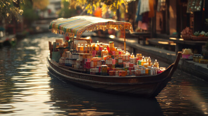 Obraz premium vibrant boat brimming with colorful handmade soaps and scented oils floats gently on serene canal, surrounded by lush greenery and charming market stalls
