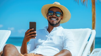 Smiling man in a straw hat and sunglasses using his smartphone at the beach, enjoying a sunny day and relaxing by the ocean