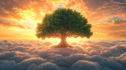 A stunning tree with vibrant foliage stands majestically above the clouds as the sun sets, creating a serene and peaceful atmosphere