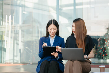 Young Asian business team creative businesspeople coworker, teamwork celebrating achievement and in planning design