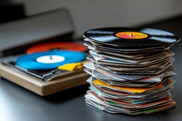 Fototapeta premium A stack of old vinyl records next to a dusty record player, symbolizing the music and entertainment that shaped yesterdayâ€™s cultural history