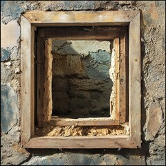 Weathered Wooden Window Frame in an Old Brick Wall