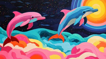 Obraz premium Colorful dolphins swimming in a vibrant ocean with a surreal sunset backdrop.