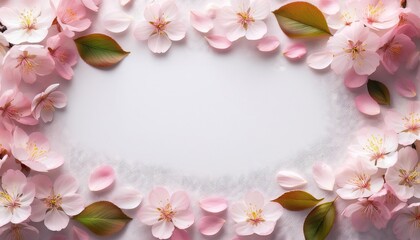 Delicate pink blossoms frame a white background.