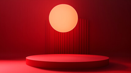 Round Stone Podium in front of a red Studio Background,3D rendering abstract platform podium product presentation backdrop,3d rendering minimal podium stage for mockup presentation 