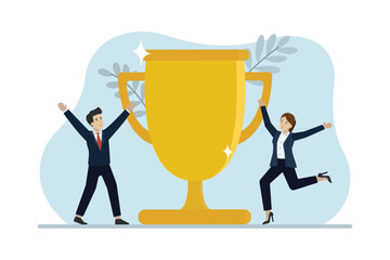 Awards and business success. The business team managed to get a big gold trophy. Business vector illustration.