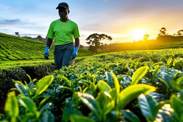 Fototapeta premium A worker walking through a tea plantation at dusk, their silhouette framed by the setting sun and the endless rows of tea bushes