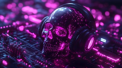 Fototapeta premium Digital skull with cybernetic implants and holographic headphones, neon sound waves ripple in a futuristic dystopian cityscape, Cyberpunk, Neon, 3D rendering, high detail