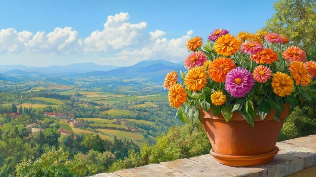 Vibrant Flowers in a Terracotta Pot overlooking a Scenic Italian Landscape