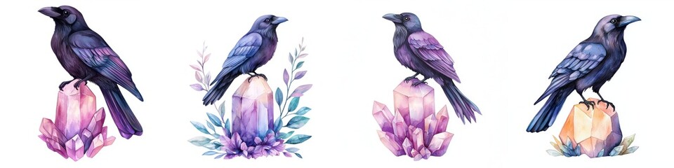 Raven illustrations perched on crystals with violet and purple tones, white isolate background, boho style