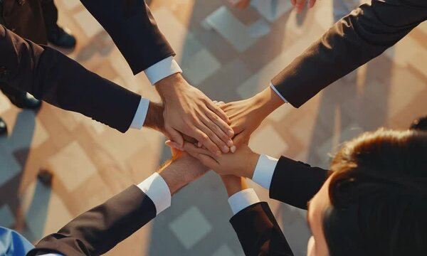 Four businesspeople in suits place their hands together in a huddle, symbolizing unity and cooperation.