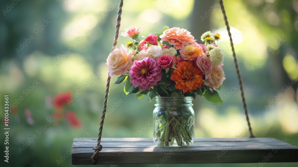 Poster A bouquet of colorful flowers in a mason jar on a swing seat