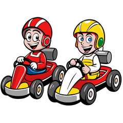 Kart Racing Cartoon:  A fun and energetic cartoon illustration of two cheerful kids in racing karts, ready for a thrilling competition.  